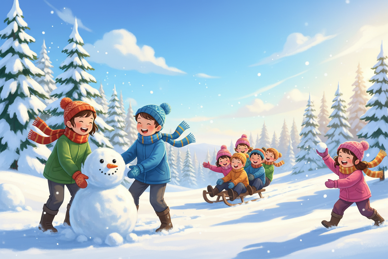 génère un dessin qui représente des enfants qui s'amuse dans un paysage hivernal